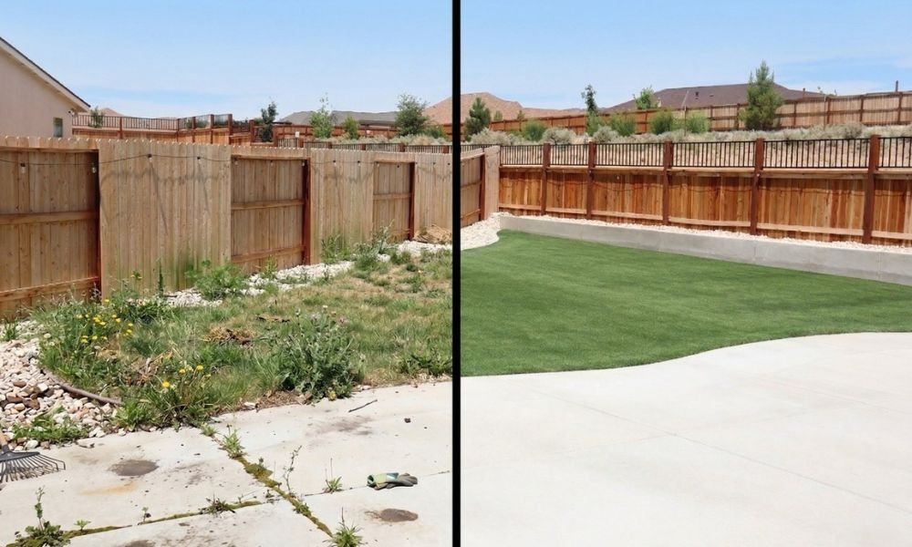 Sparks backyard before and after a Longhorn Landscaping weed removal and cleanup