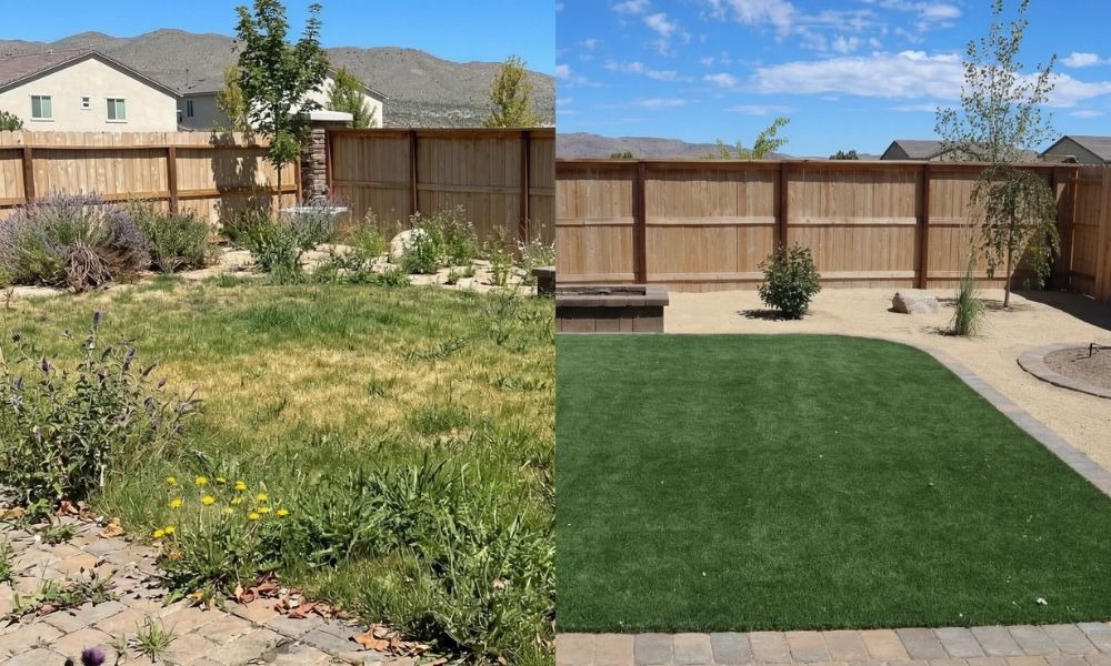 Reno backyard before and after a Longhorn Landscaping cleanup and lawn install